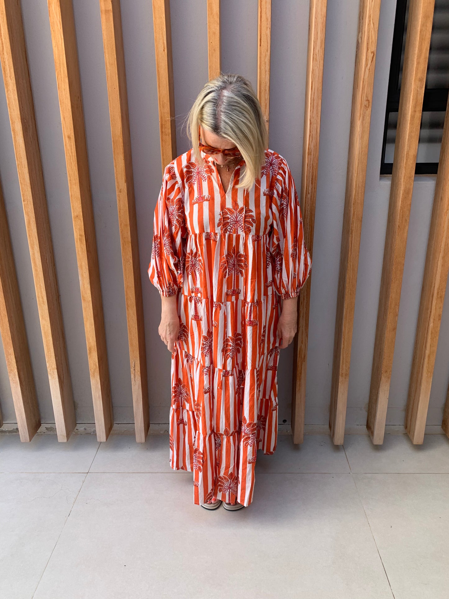 Orange & white striped dress with orange palm pattern