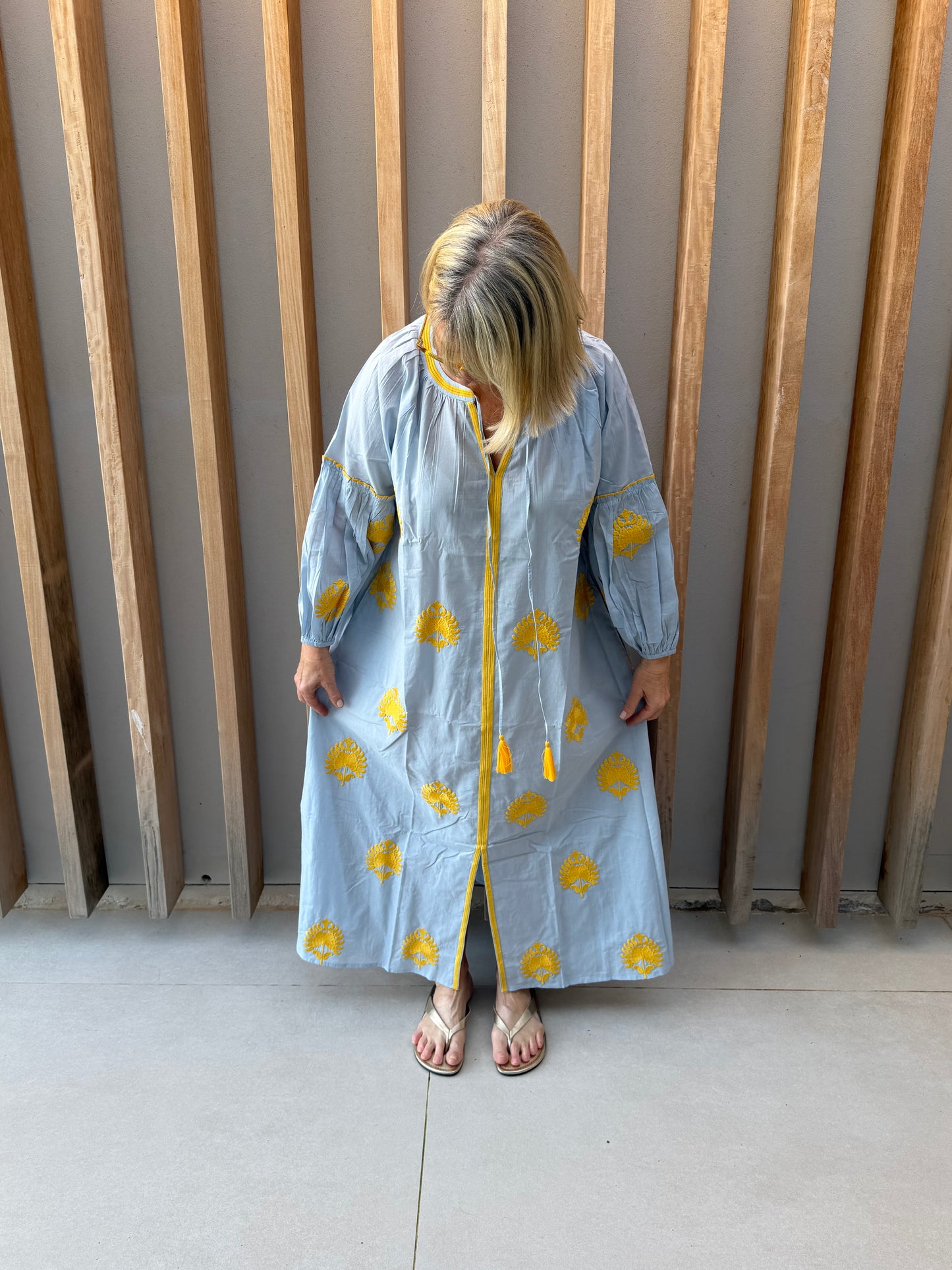 Pale blue dress with embroidered gold pattern