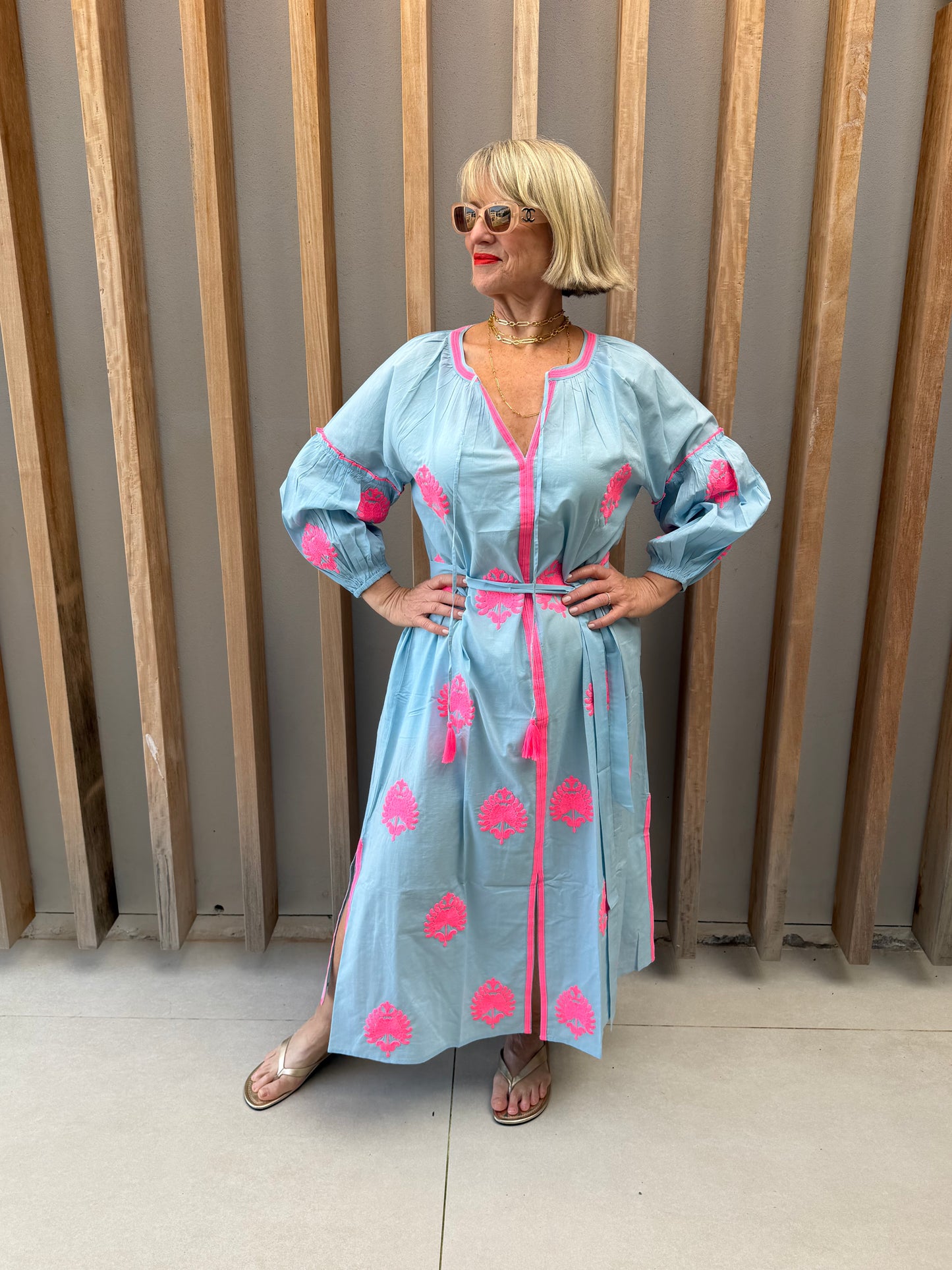 Pale blue dress with pink embroidered pattern