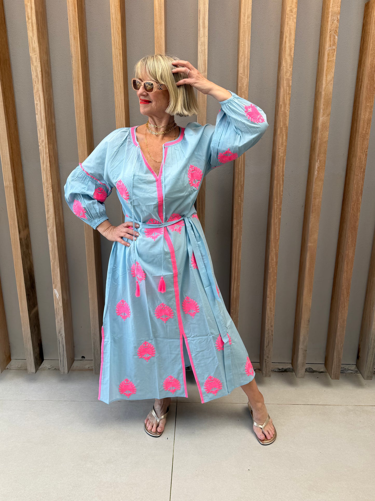 Pale blue dress with pink embroidered pattern