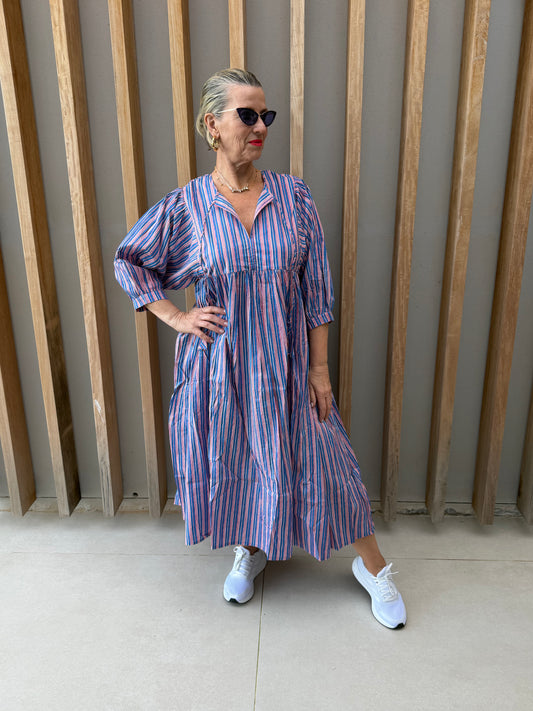 Pink white & blue striped dress