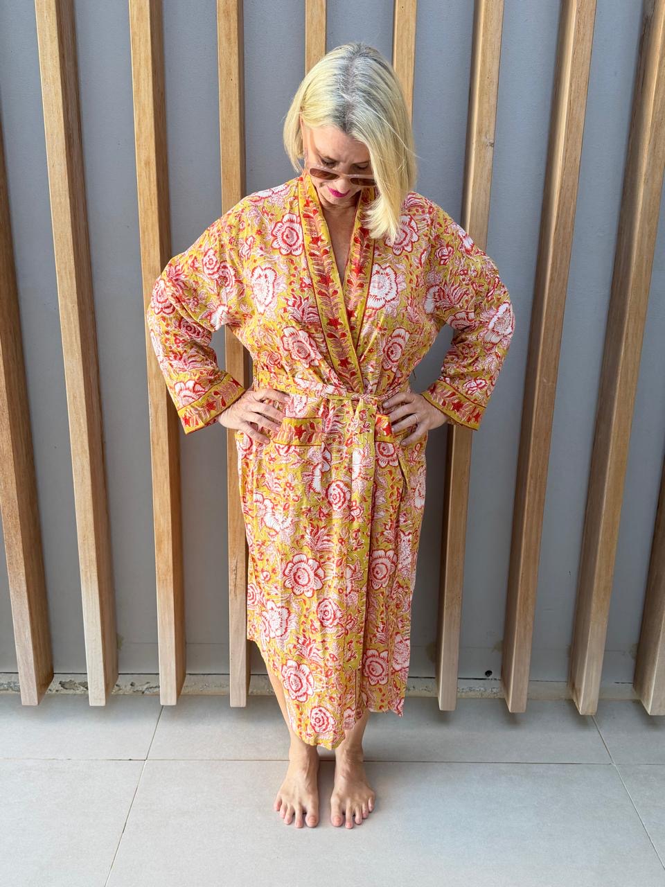 Pale yellow Kimono with white floral pattern