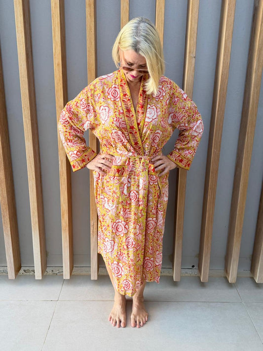 Pale yellow Kimono with white floral pattern