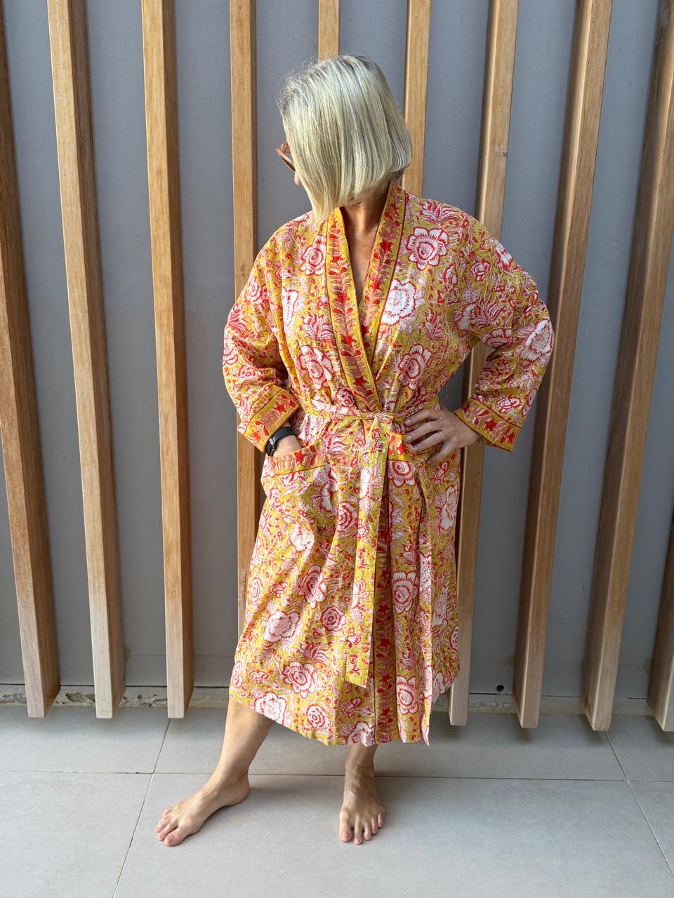 Pale yellow Kimono with white floral pattern