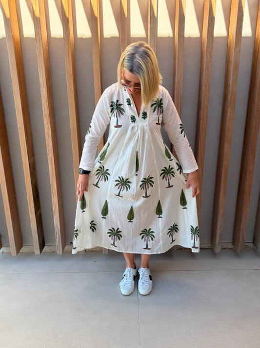 White dress with green palm & conifer pattern