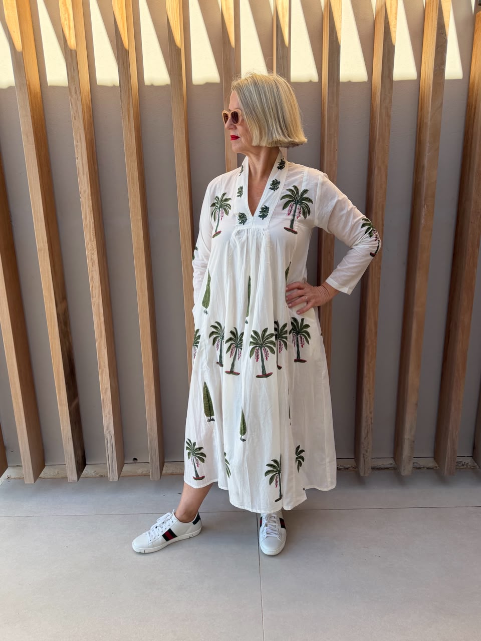 White dress with green palm & conifer pattern