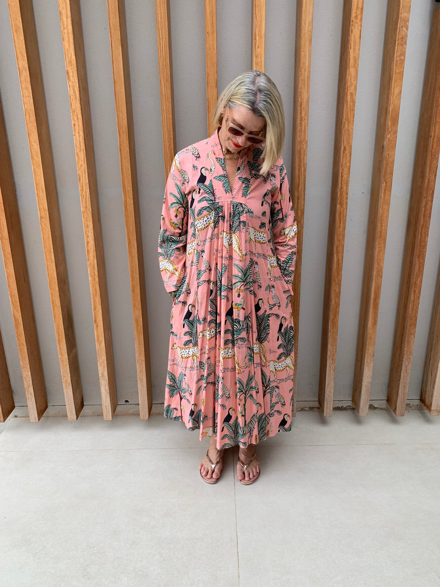 Peach dress with animal palm