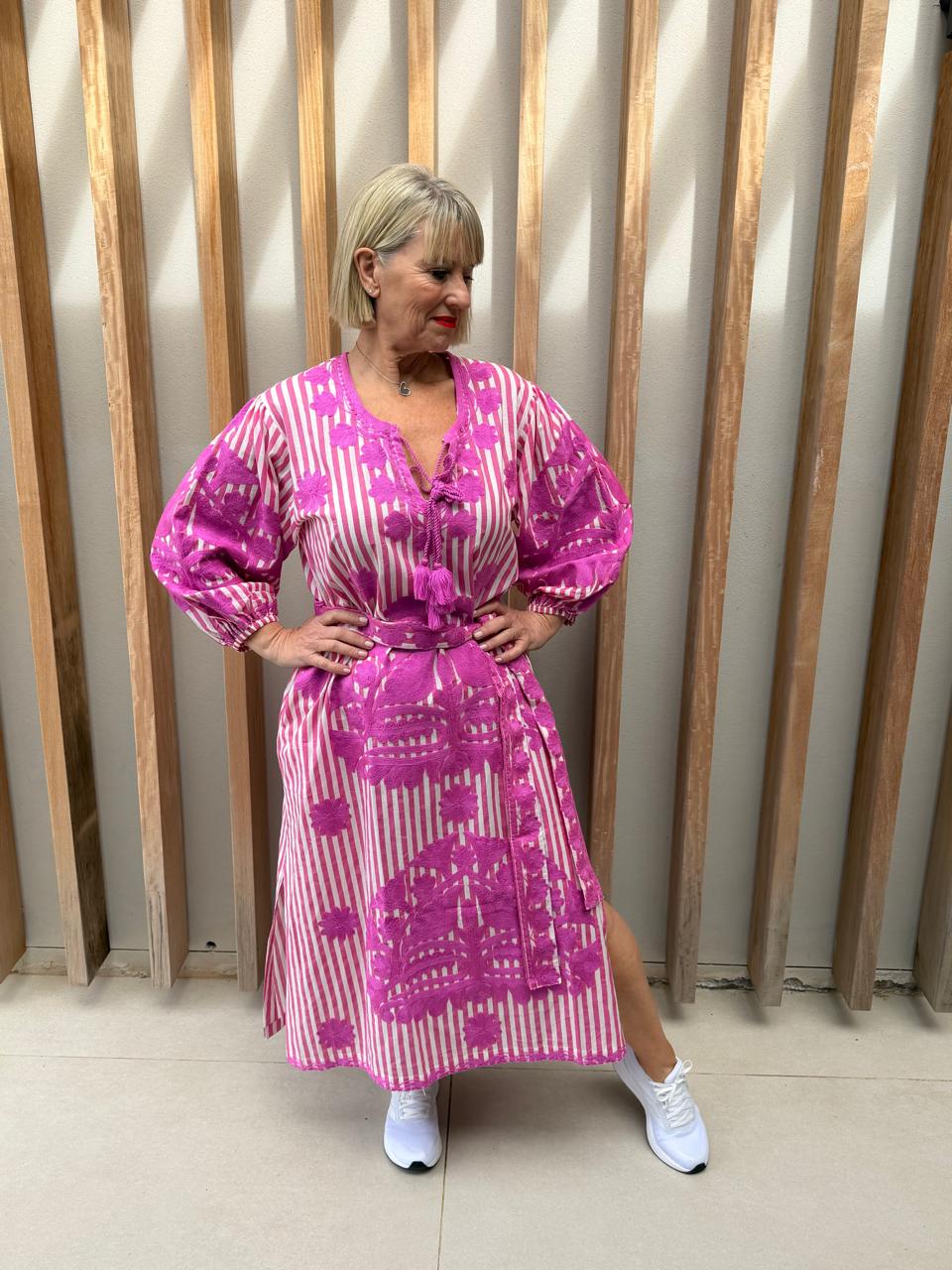Pink & white striped embroidered dress