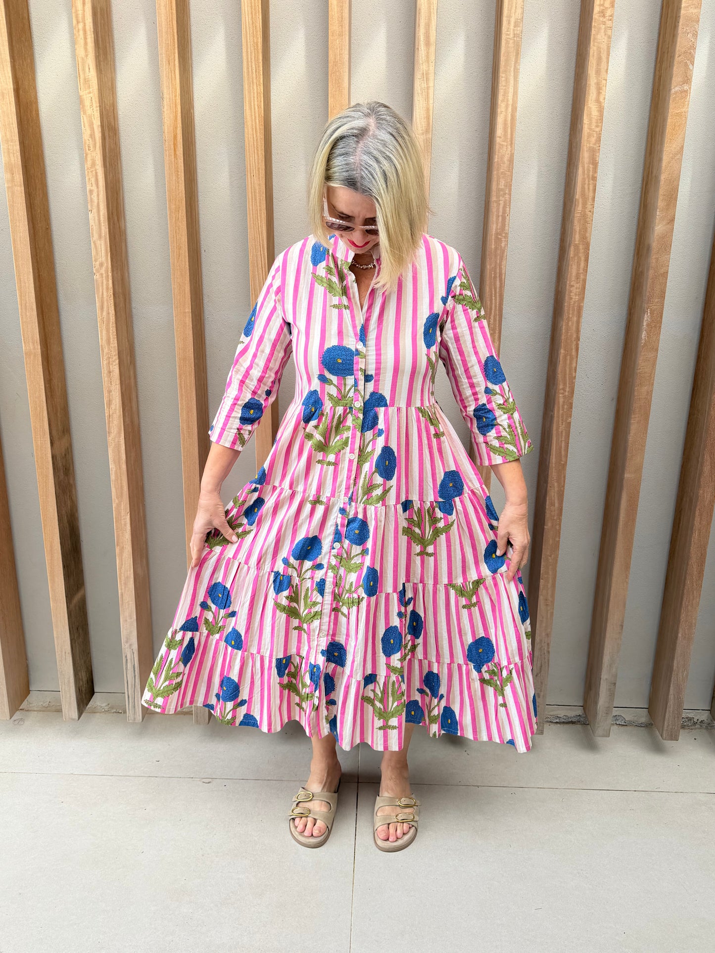 Pink, beige & white stripe dress with blue poppy