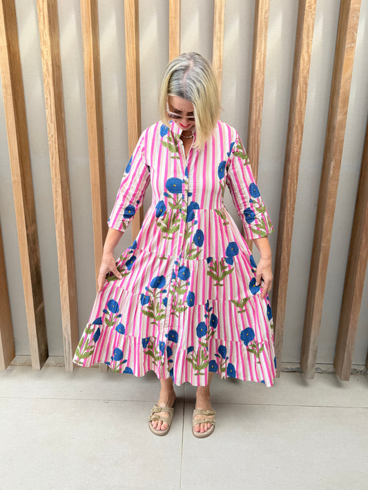 Pink, beige & white stripe dress with blue poppy