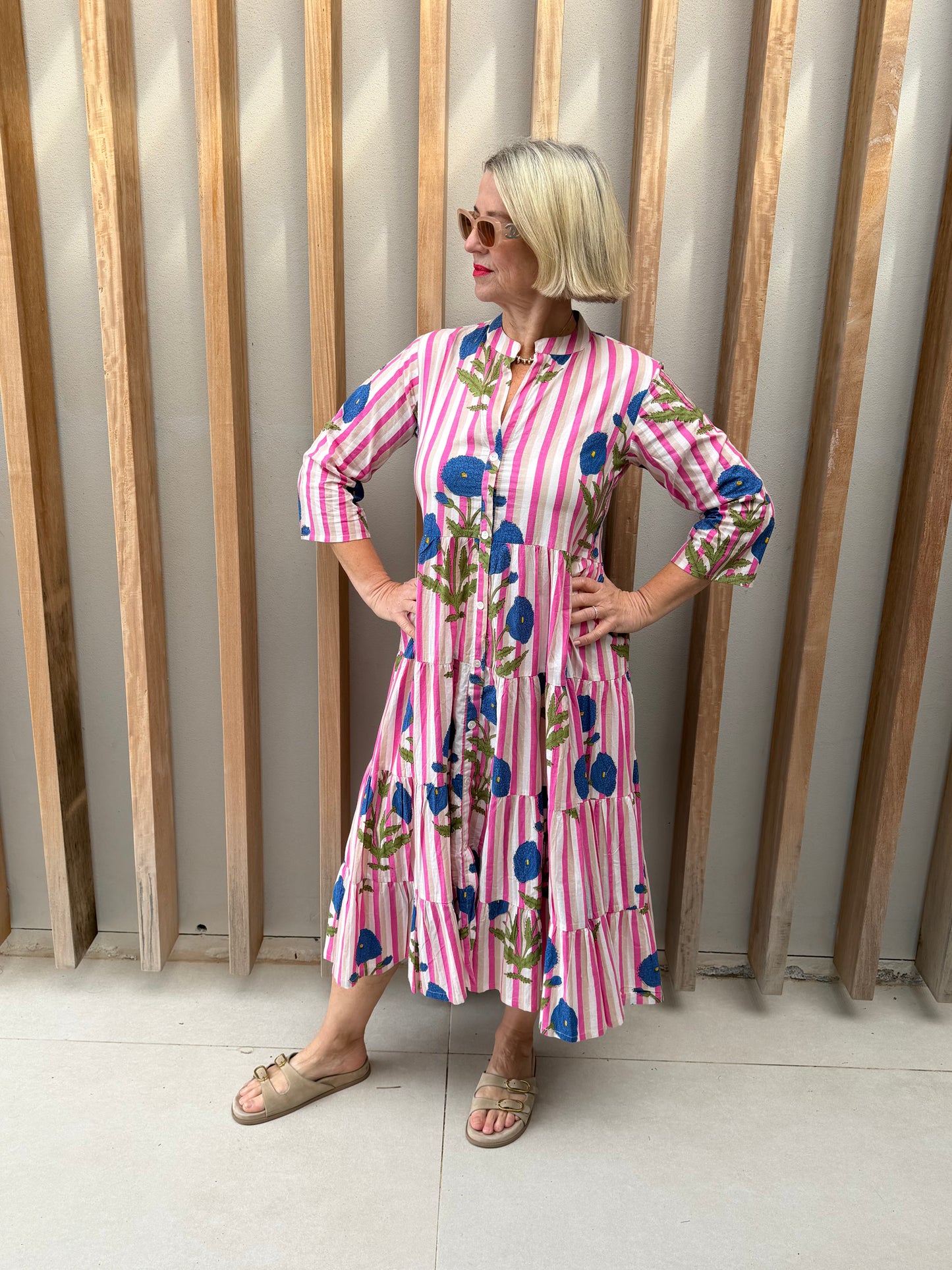 Pink, beige & white stripe dress with blue poppy