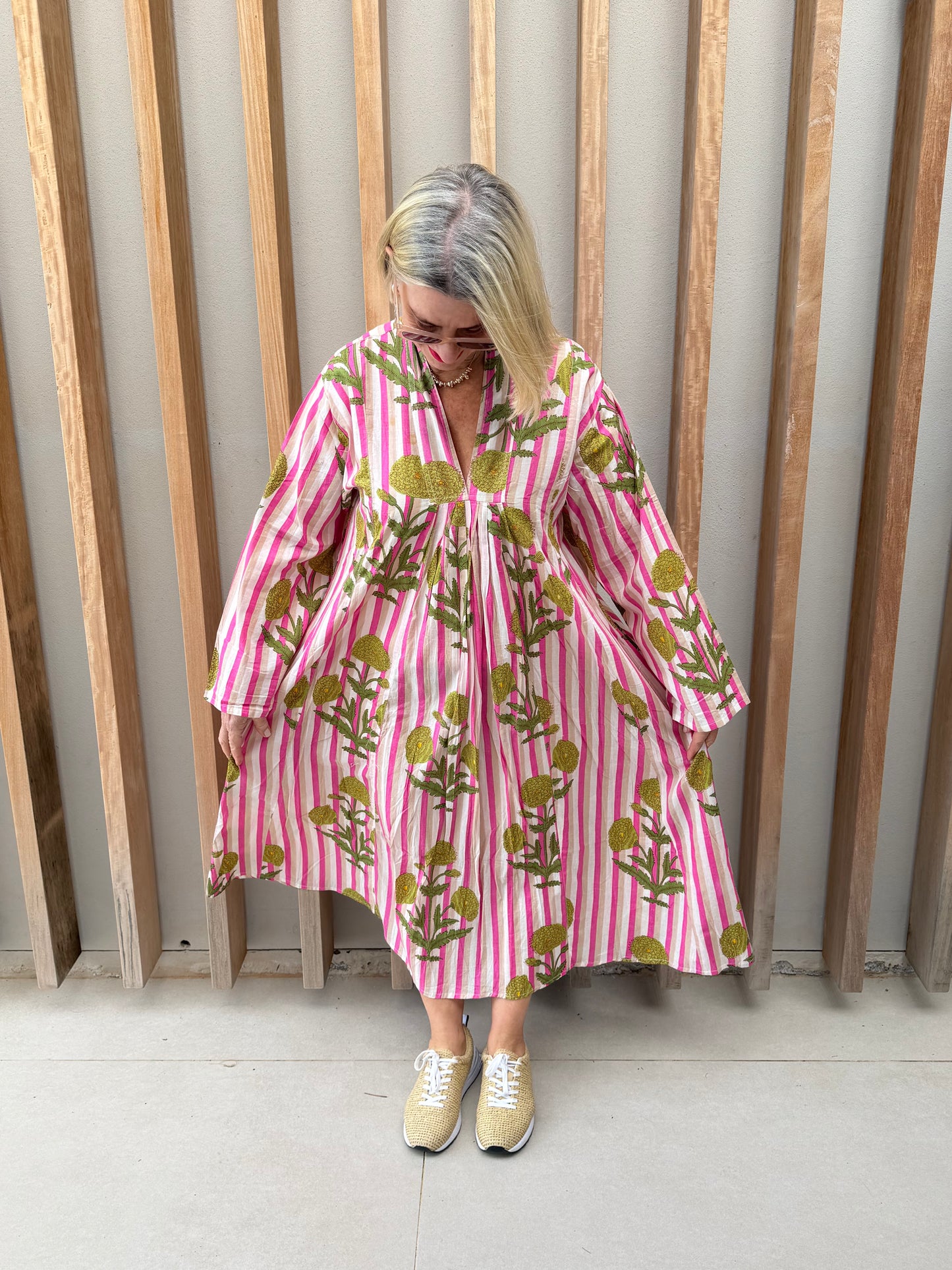 Pink, beige & white stripe V Neck dress with green poppy