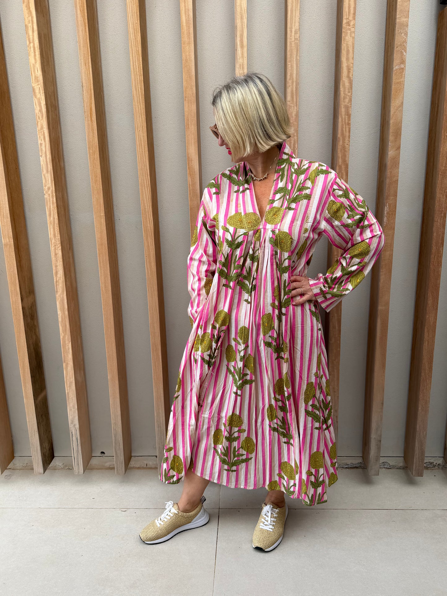Pink, beige & white stripe V Neck dress with green poppy