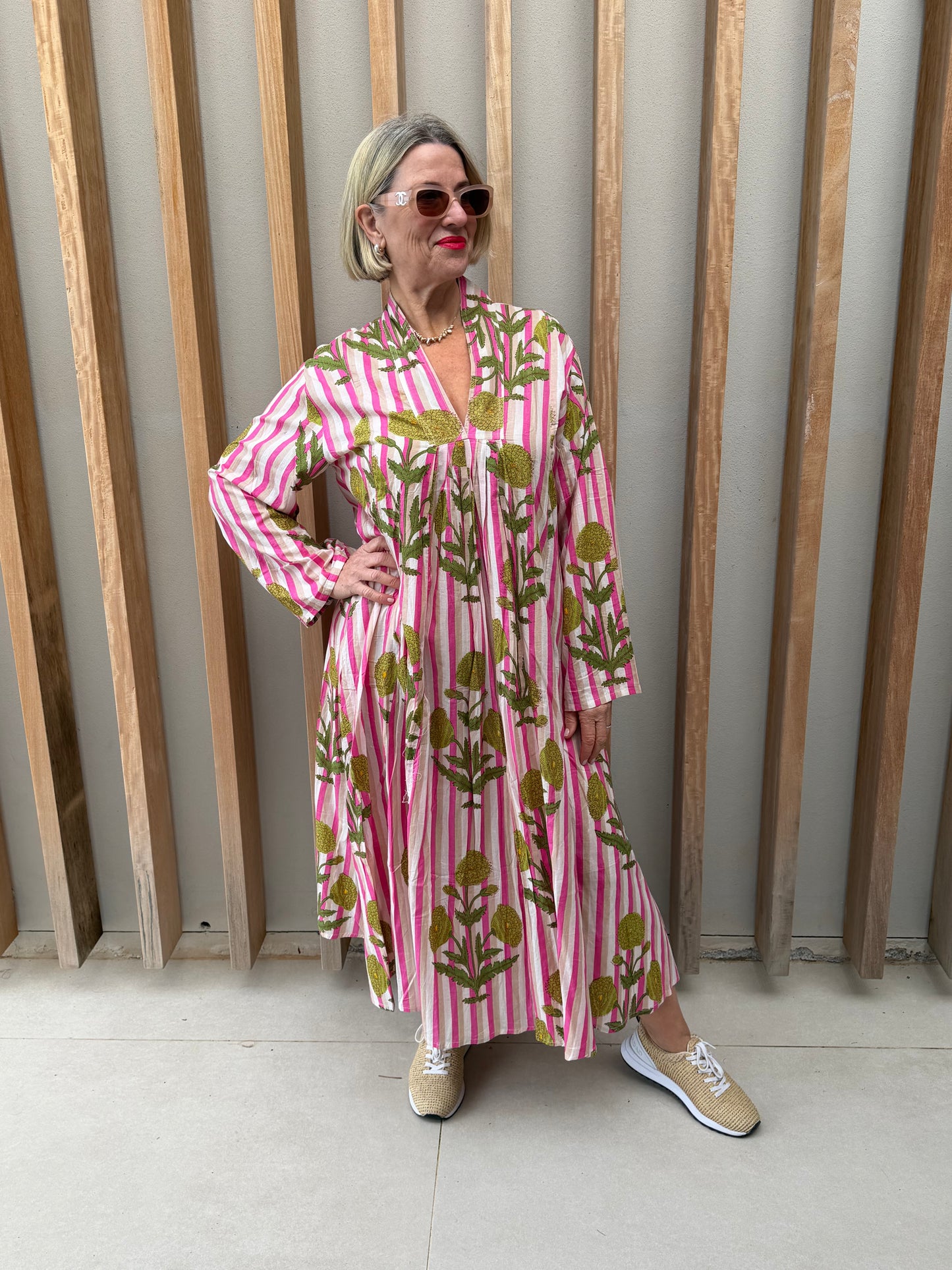 Pink, beige & white stripe V Neck dress with green poppy