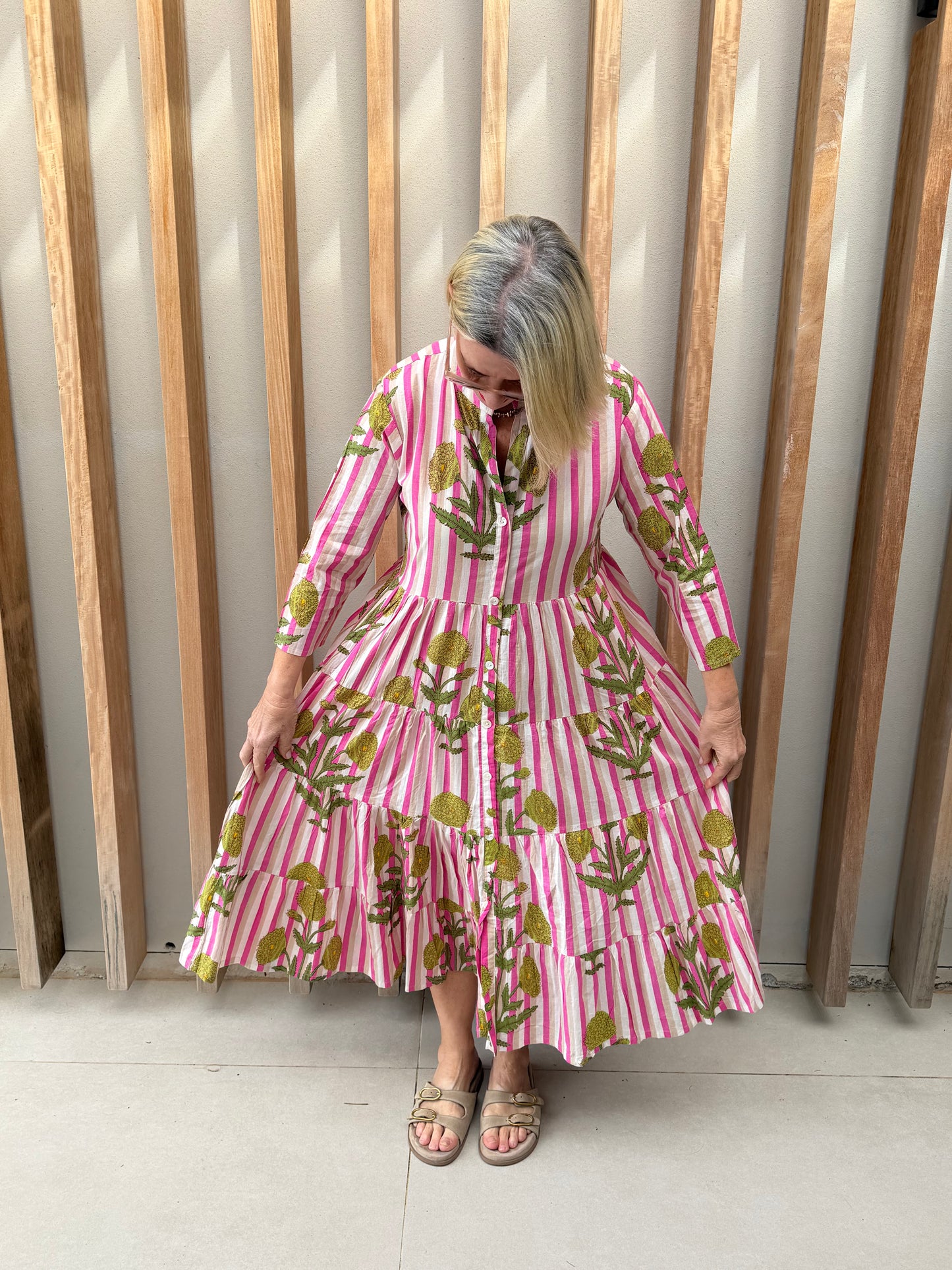 Pink, beige & white stripe button-up dress with green poppy