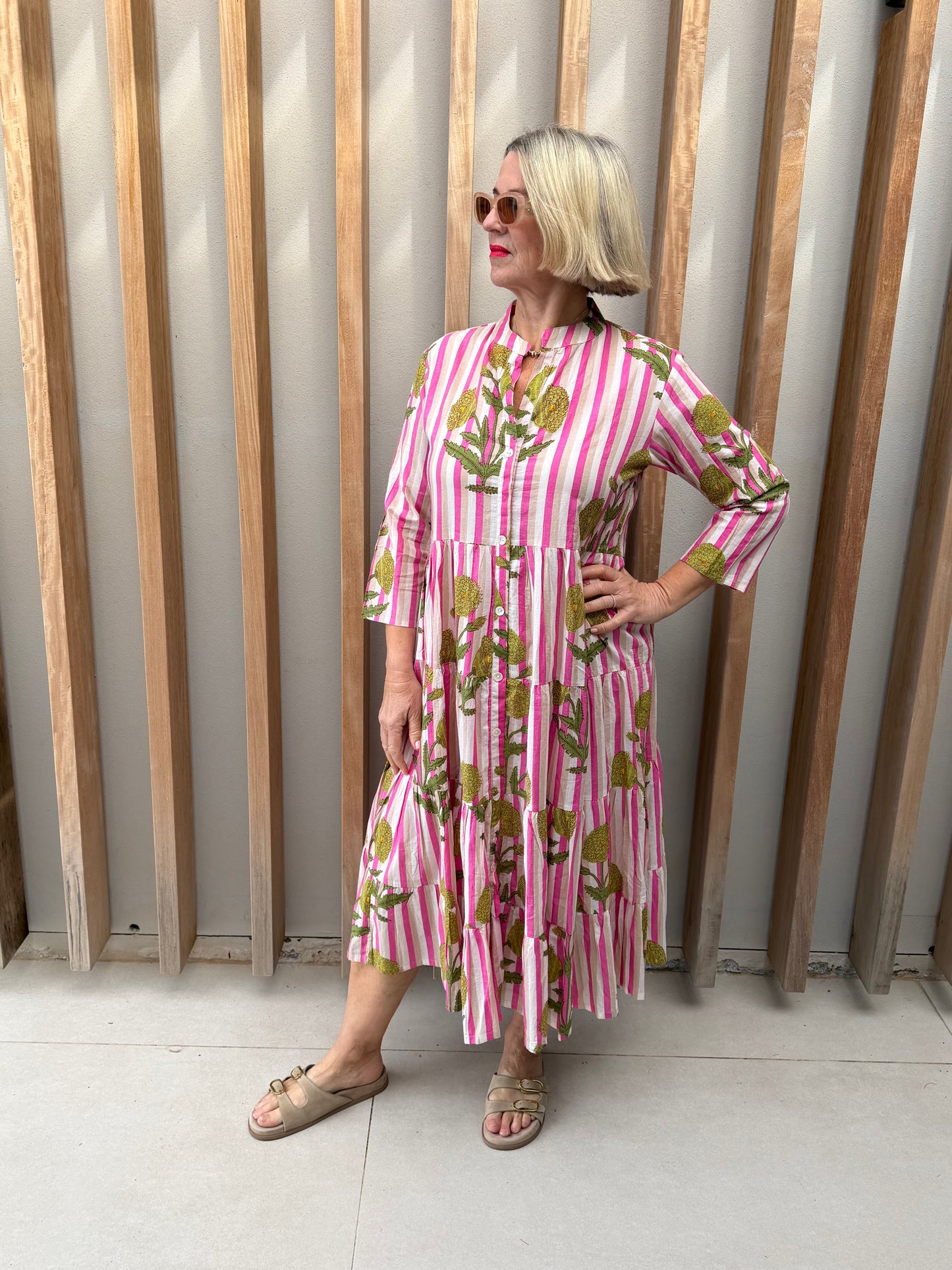 Pink, beige & white stripe button-up dress with green poppy