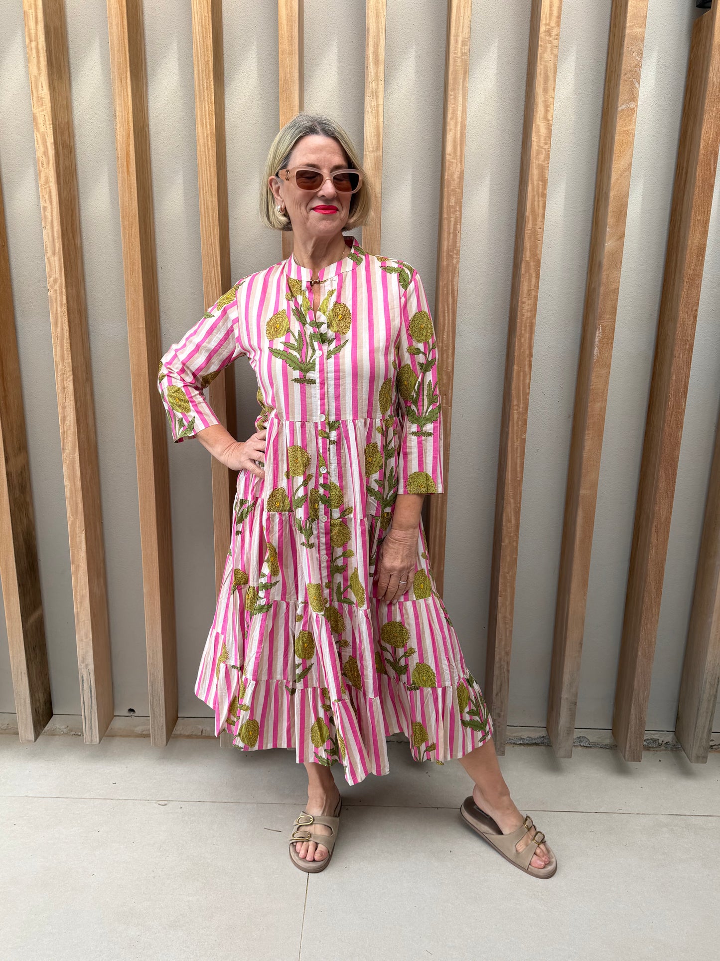 Pink, beige & white stripe button-up dress with green poppy