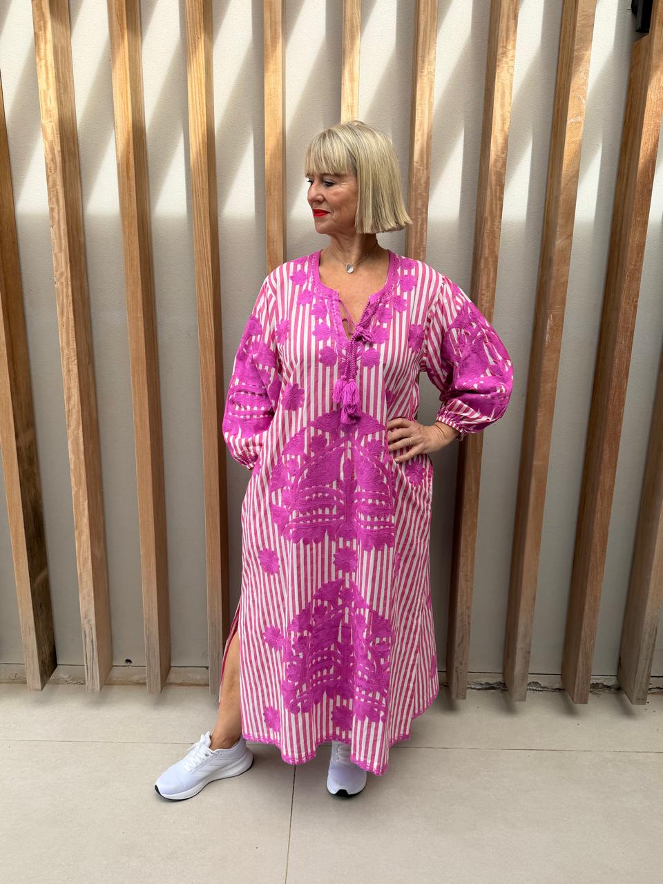 Pink & white striped embroidered dress