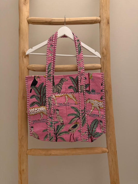 Pink Tote Bag with animal palm pattern