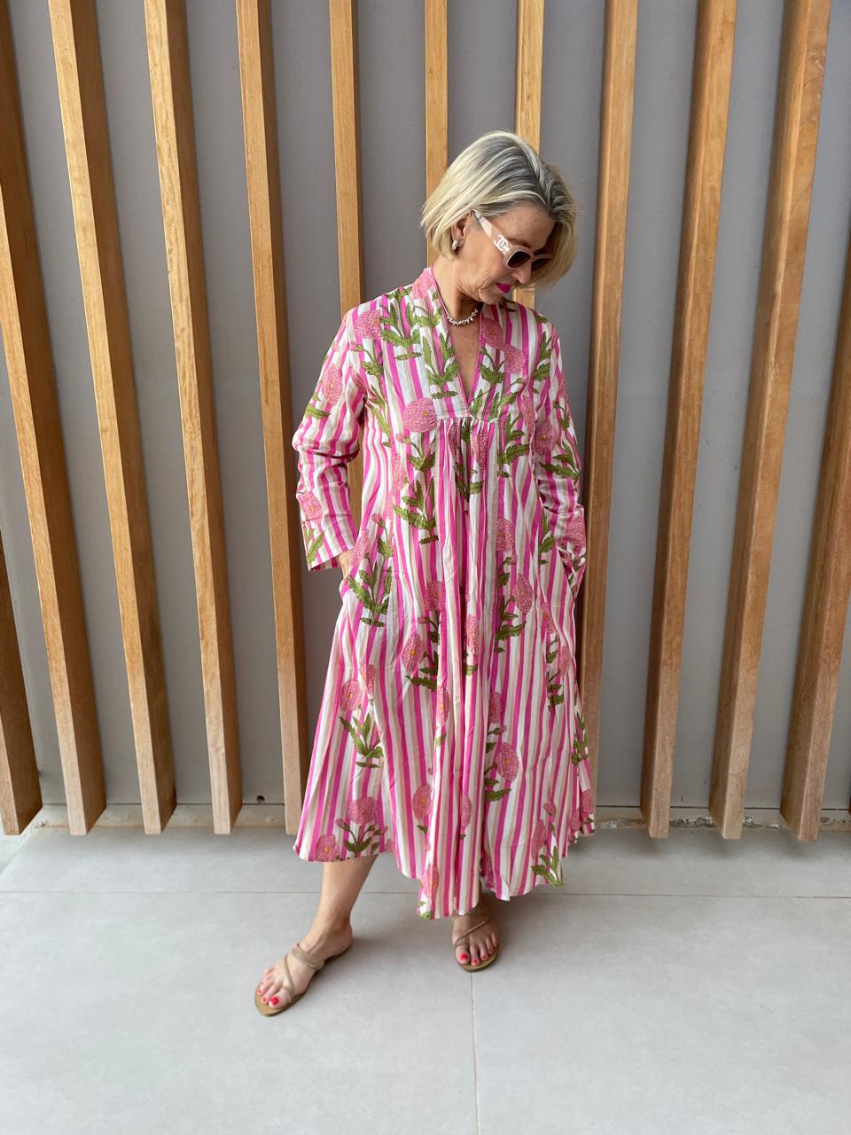 Pink beige & white striped dress with pink poppies