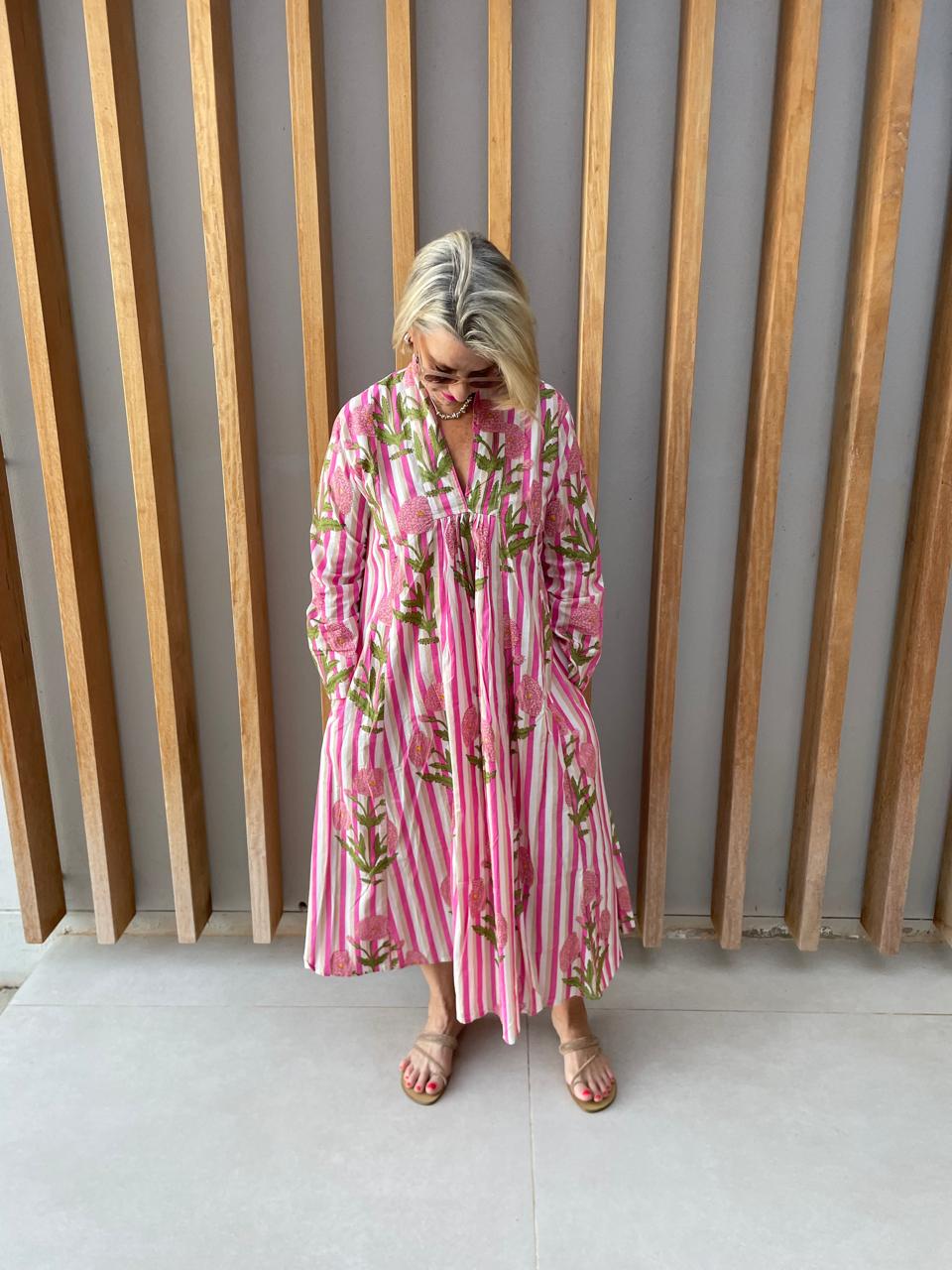 Pink beige & white striped dress with pink poppies