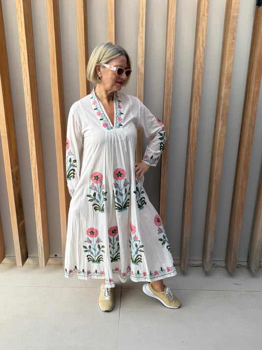 White dress with pink & light blue embroidered daisy