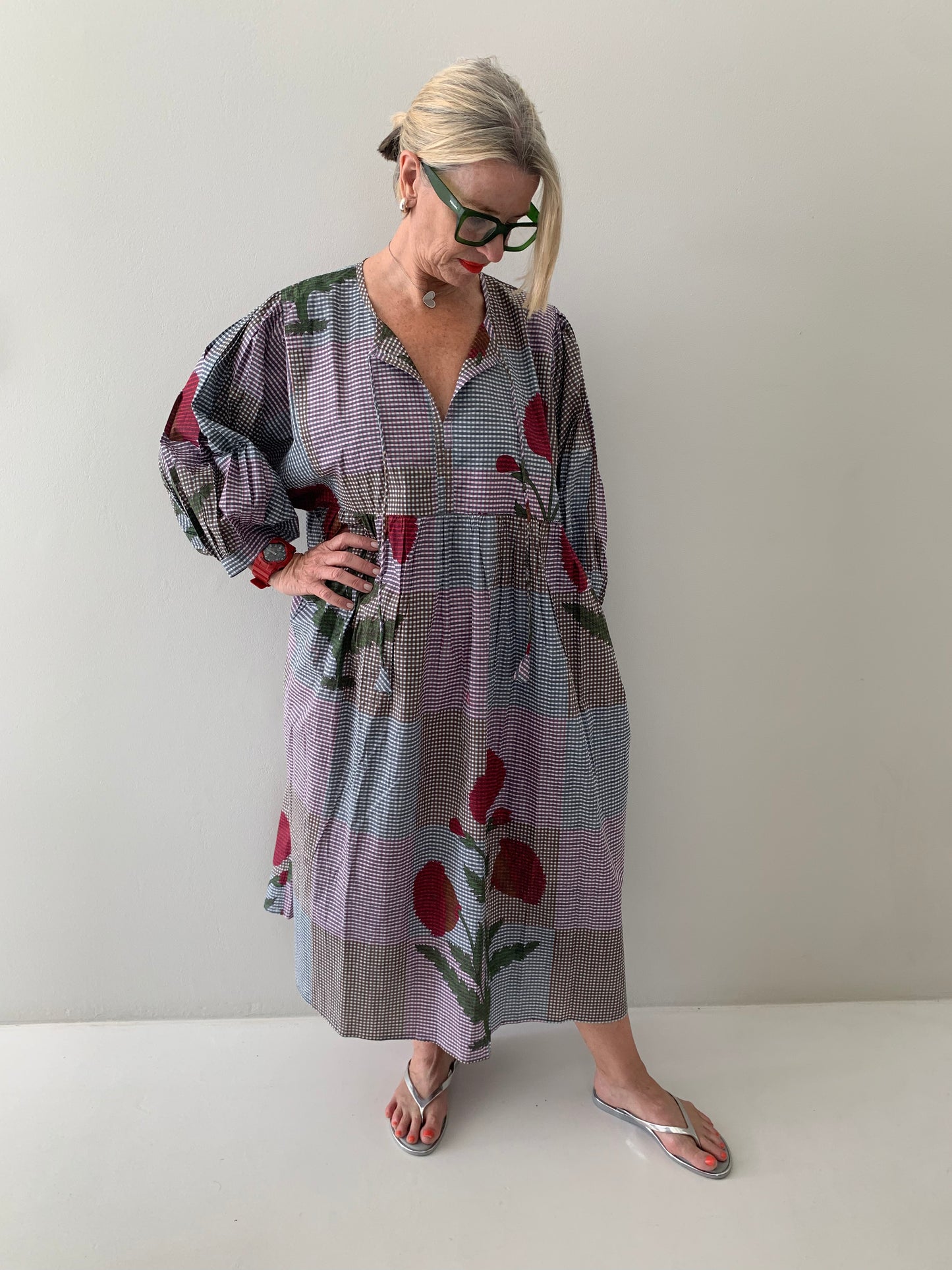 Pink, brown & charcoal fine check dress with red poppy pattern
