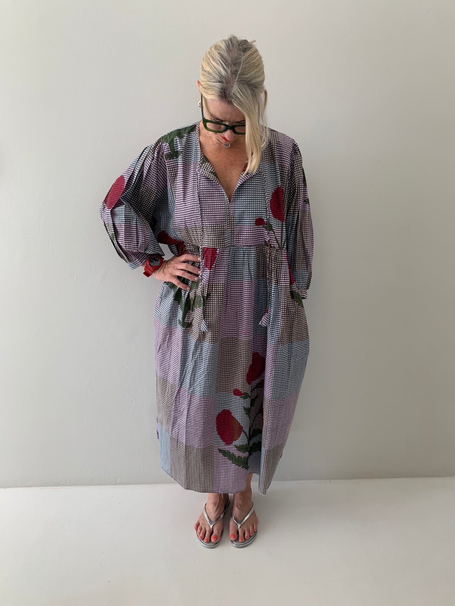 Pink, brown & charcoal fine check dress with red poppy pattern