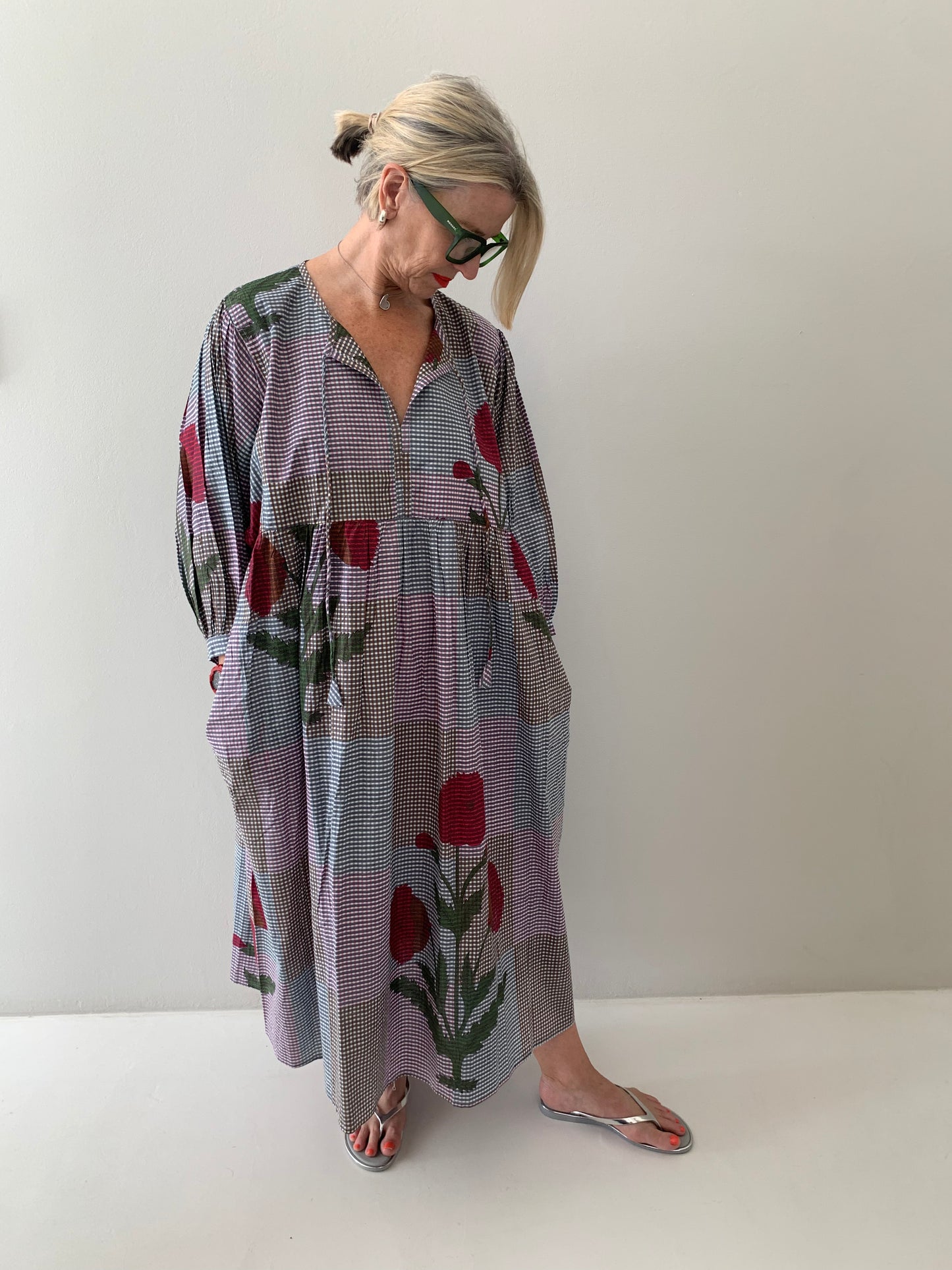 Pink, brown & charcoal fine check dress with red poppy pattern