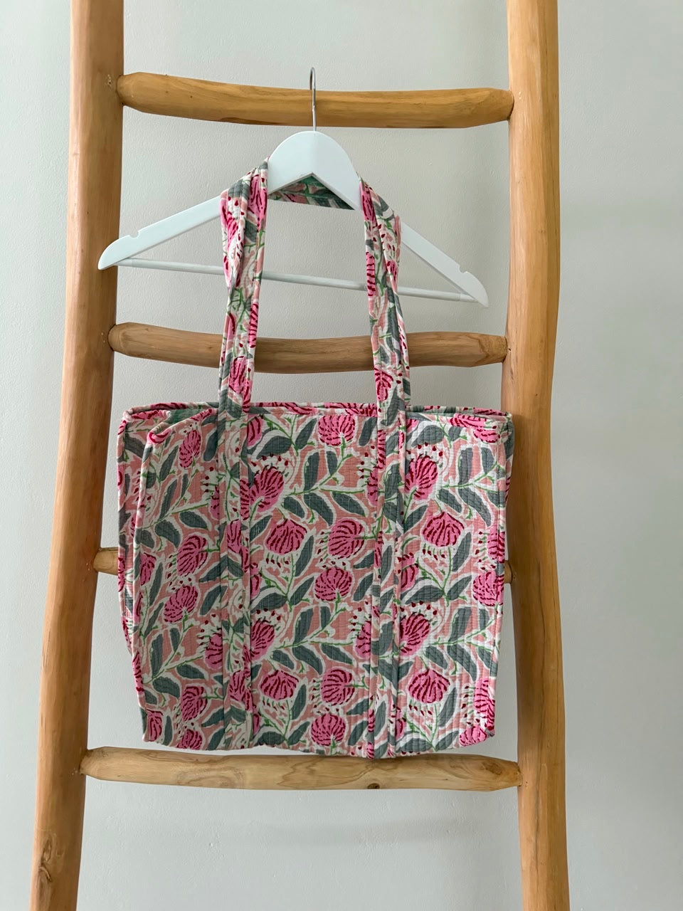 Pink & green floral tote bag