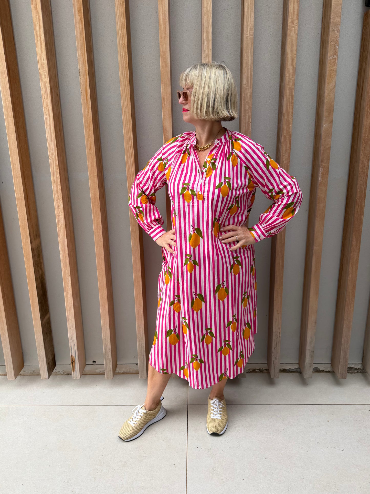 Pink & white striped Kurta dress with lemon pattern