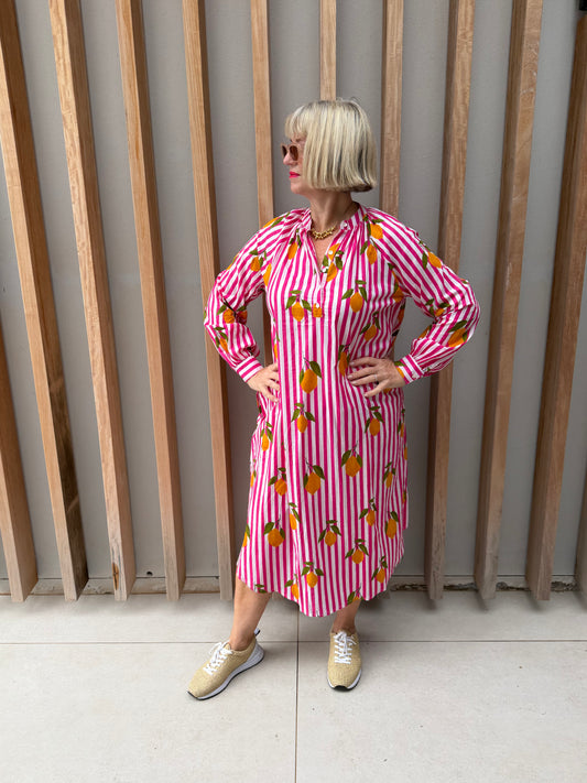 Pink & white striped Kurta dress with lemon pattern