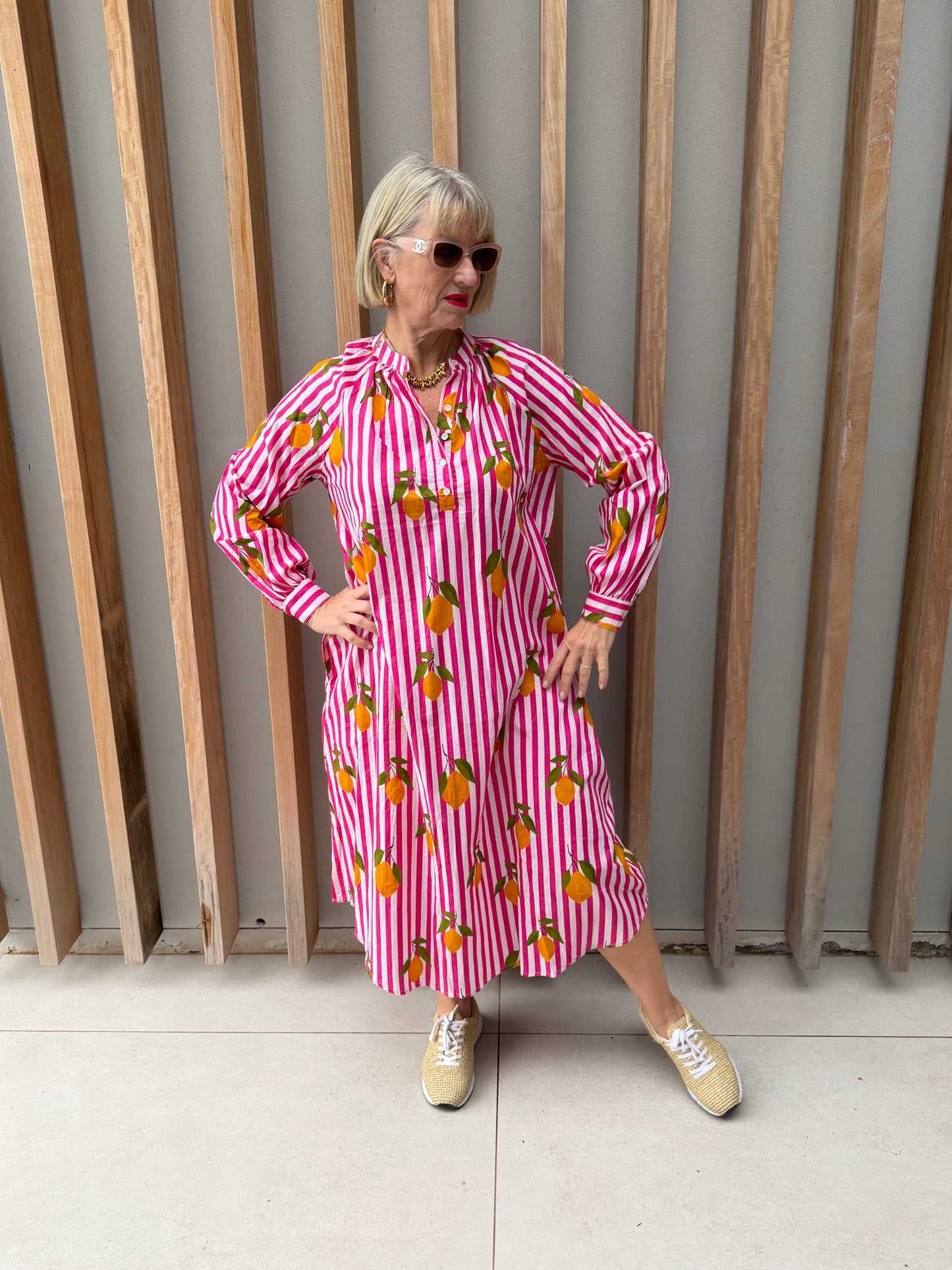 Pink & white striped Kurta dress with lemon pattern