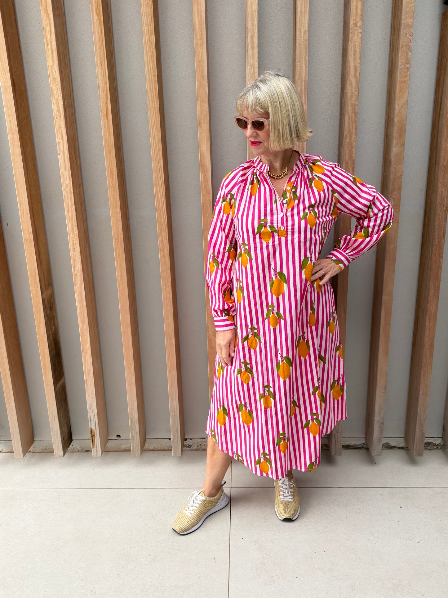 Pink & white striped Kurta dress with lemon pattern