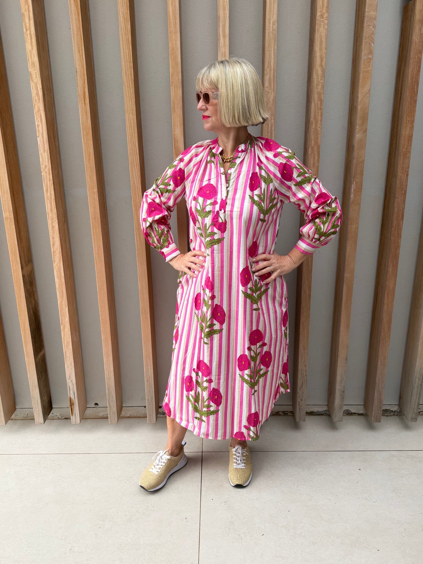 Pink, beige & white striped Kurta dress with pink poppy pattern