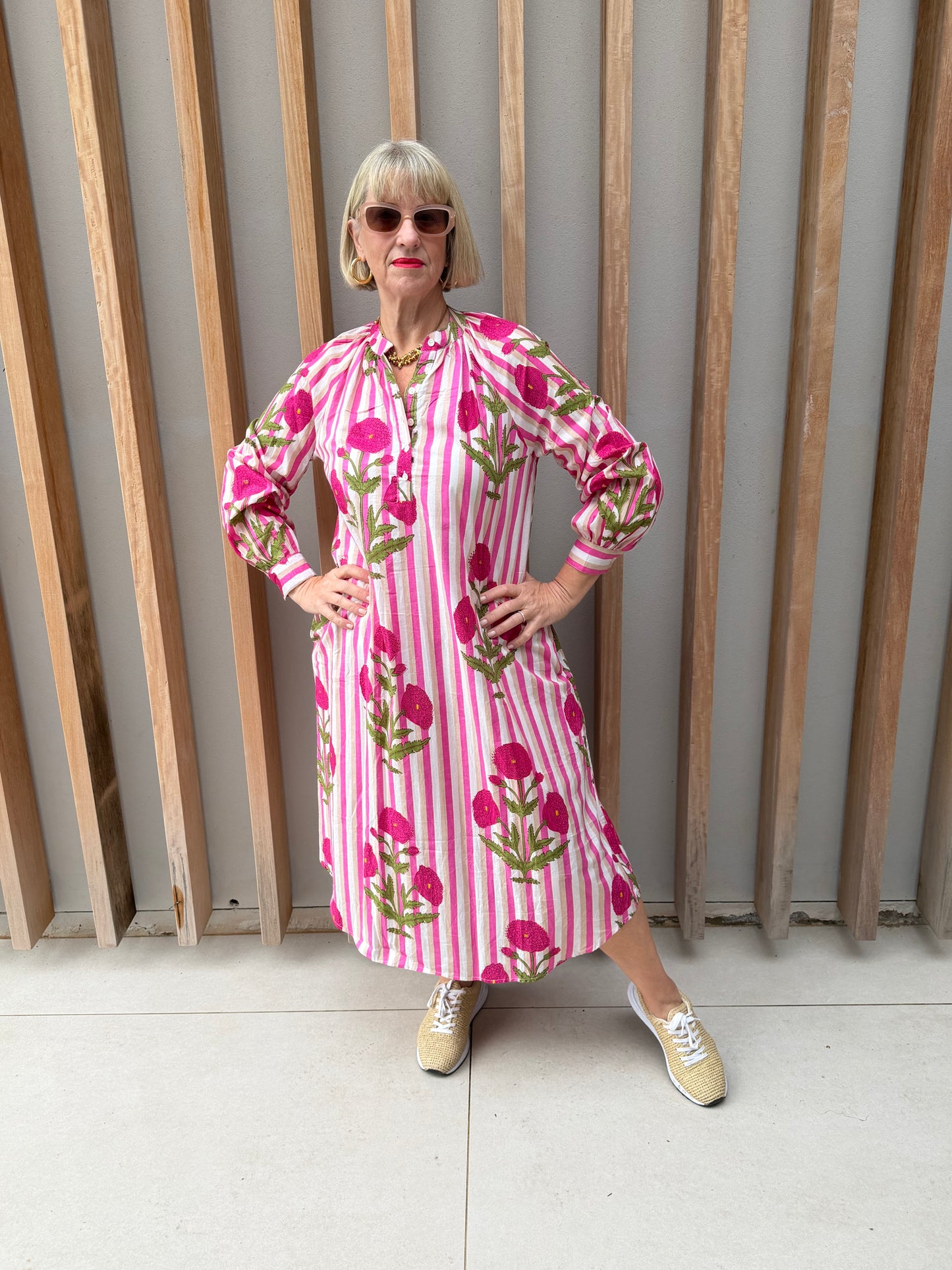 Pink, beige & white striped Kurta dress with pink poppy pattern