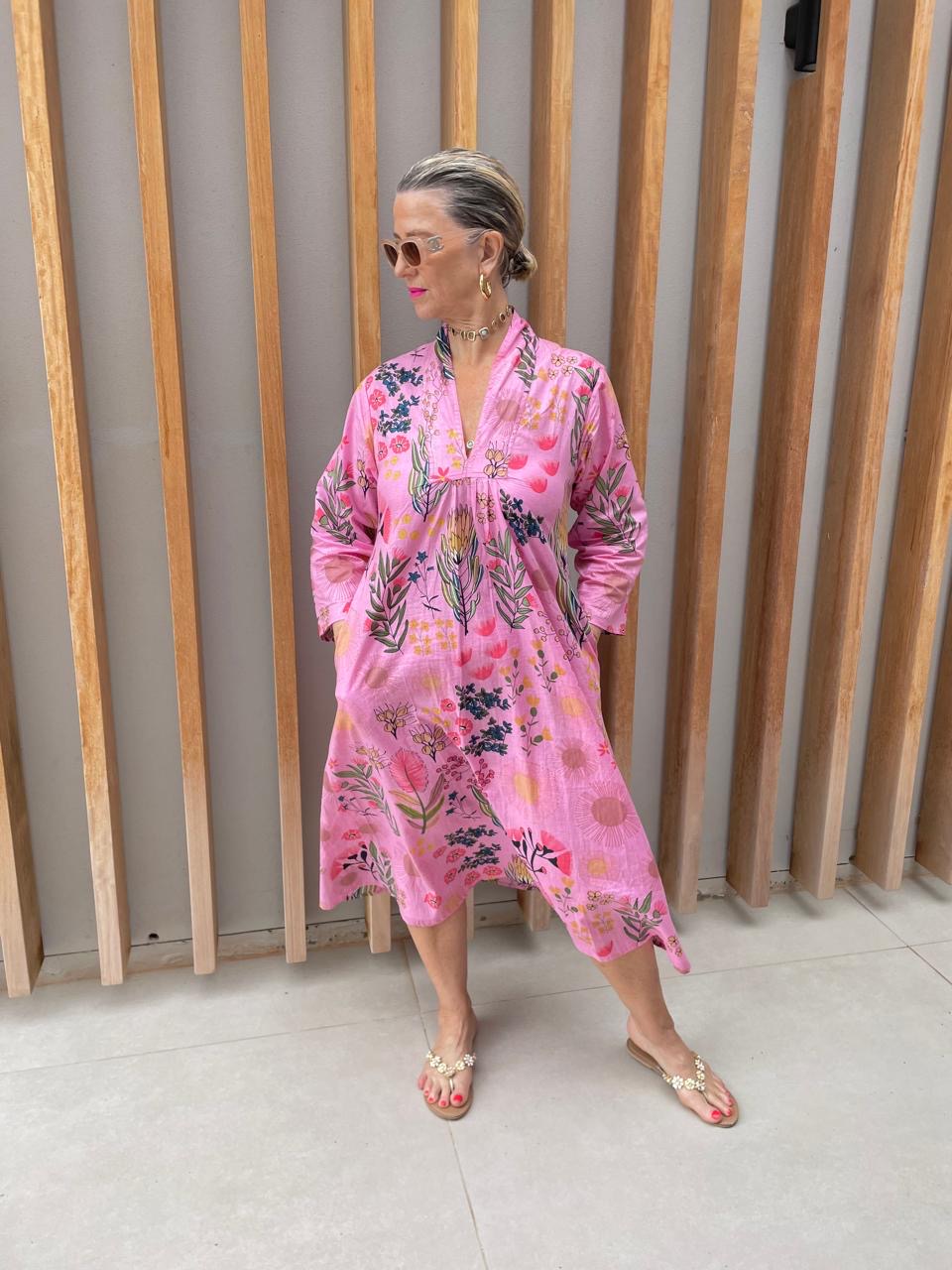 Pink dress with Protea floral pattern