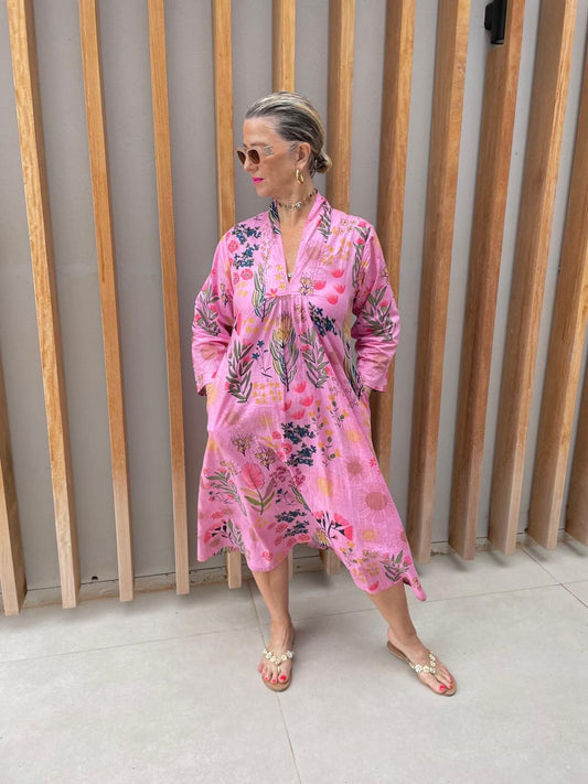 Pink dress with Protea floral pattern