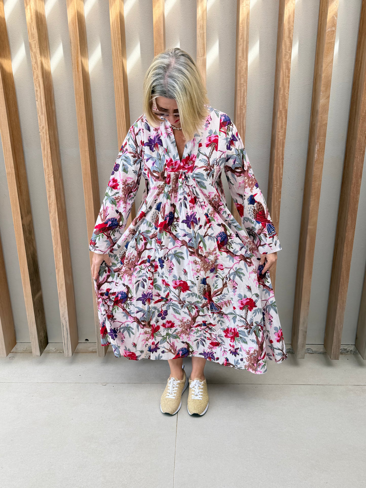 White dress with pink & purple floral pattern