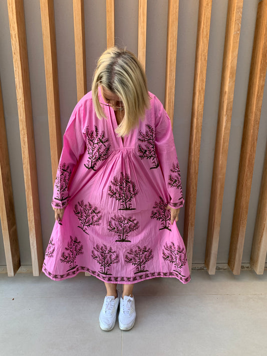 Pink dress with tree blossom pattern