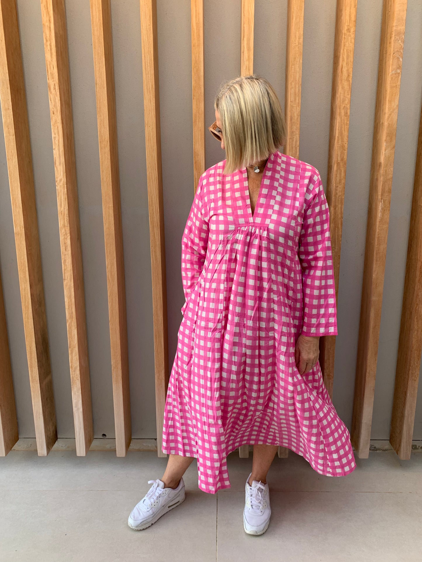 Pink dress with large white checks