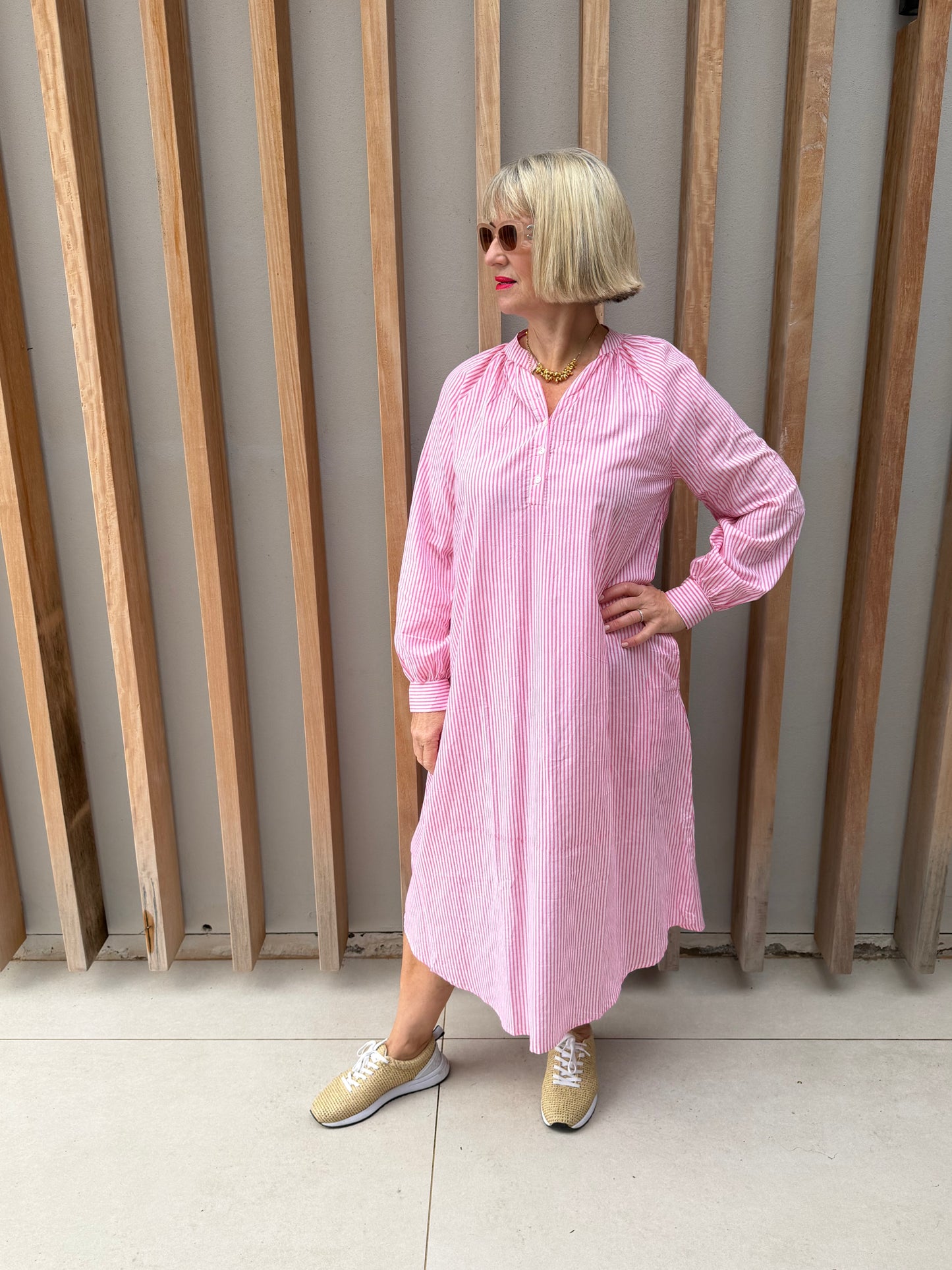Pink & white thin striped Kurta dress