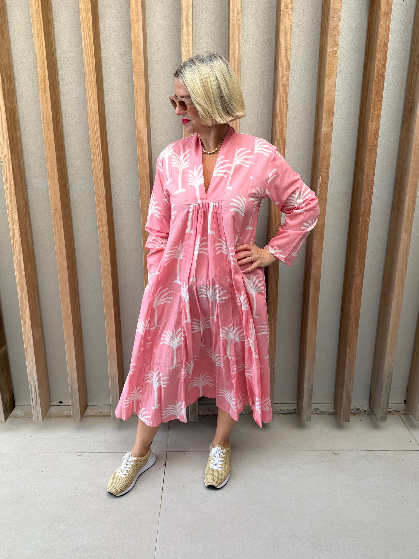 Pink dress with white palm pattern