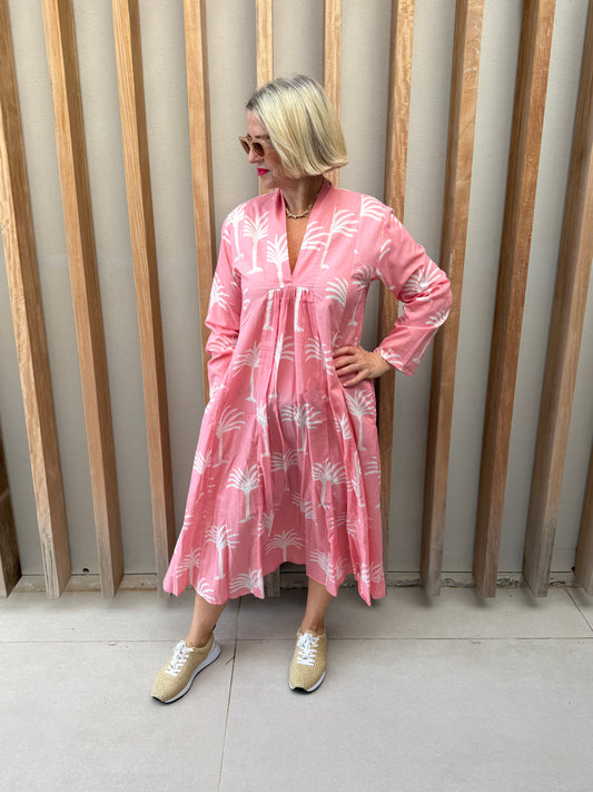 Pink dress with white palm pattern