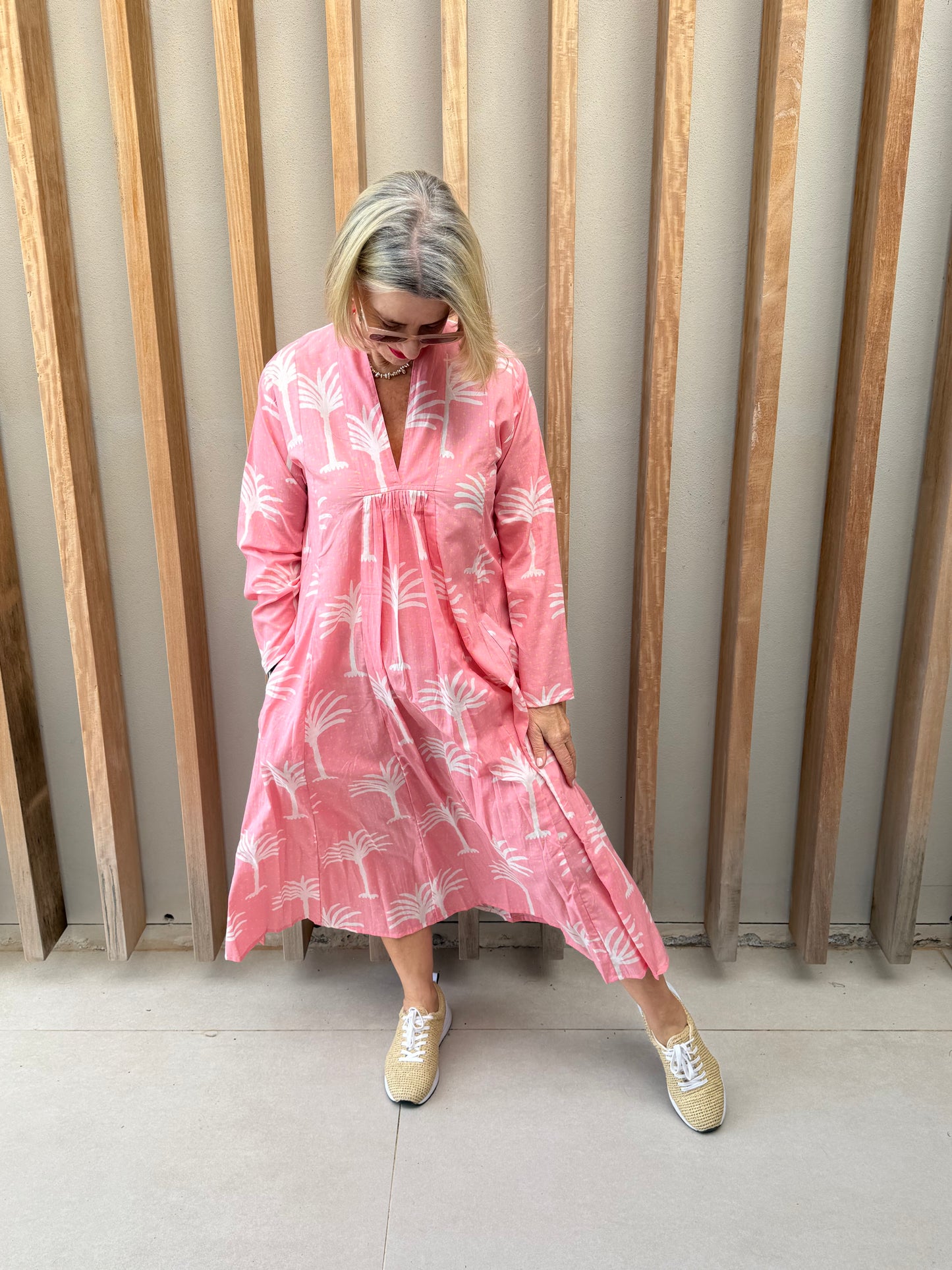 Pink dress with white palm pattern