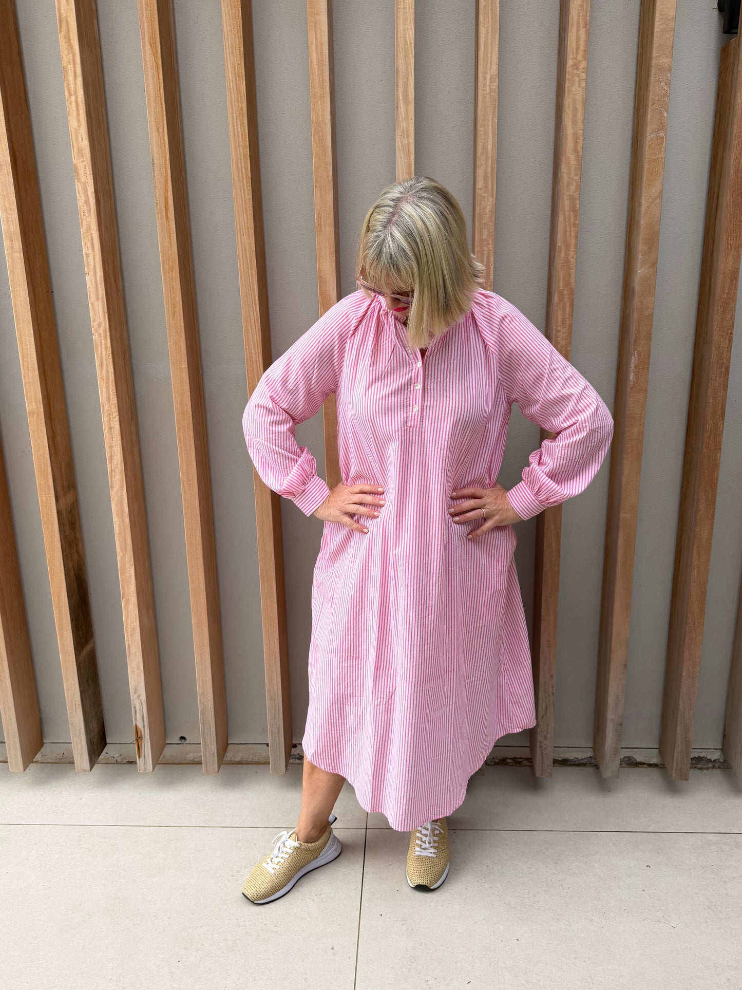 Pink & white thin striped Kurta dress