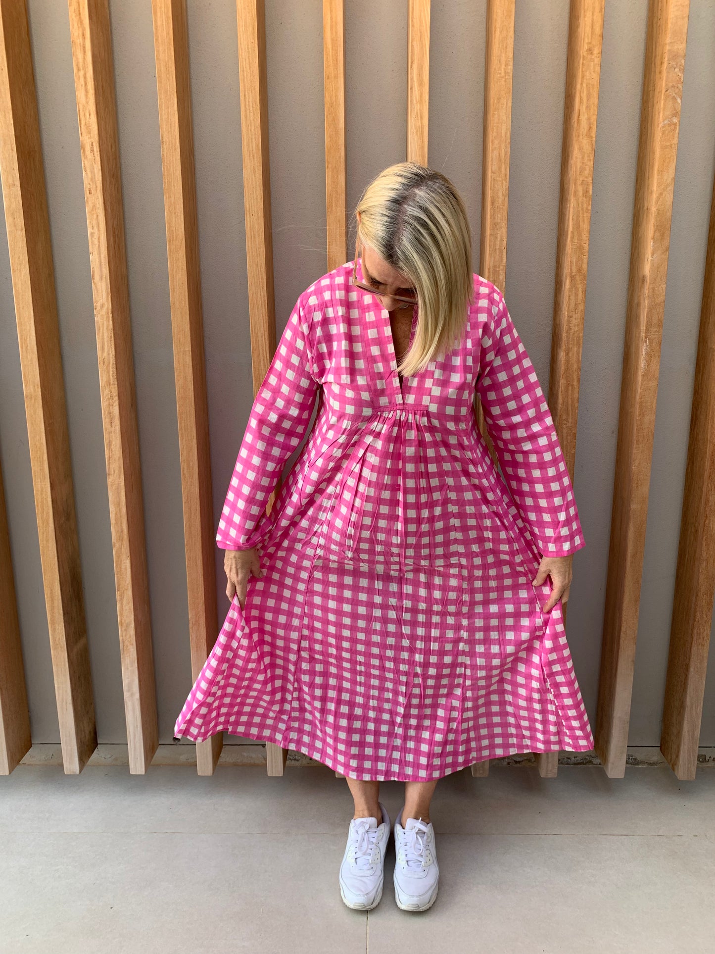 Pink dress with large white checks