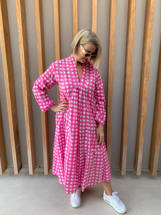 Pink dress with large white checks