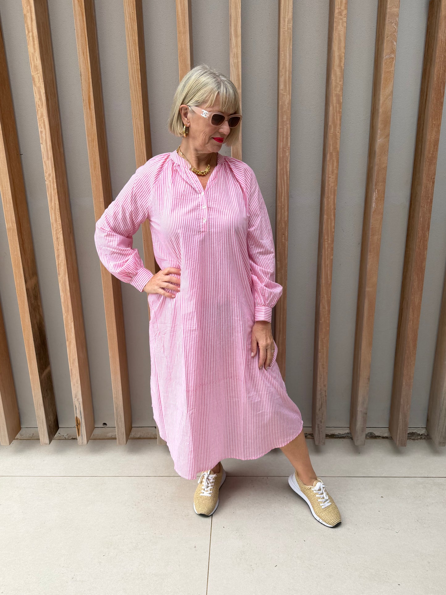 Pink & white thin striped Kurta dress