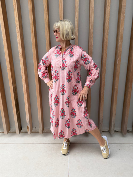 Pink & white stripe Kurta dress with floral pattern